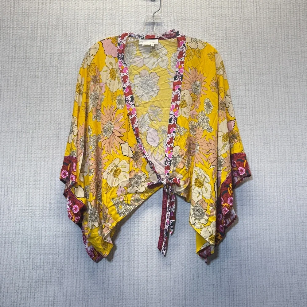 Anthropologie Khai Kimono Wrap Top Womens Yellow Floral Boho Festival 70s Retro - Picture 1 of 6